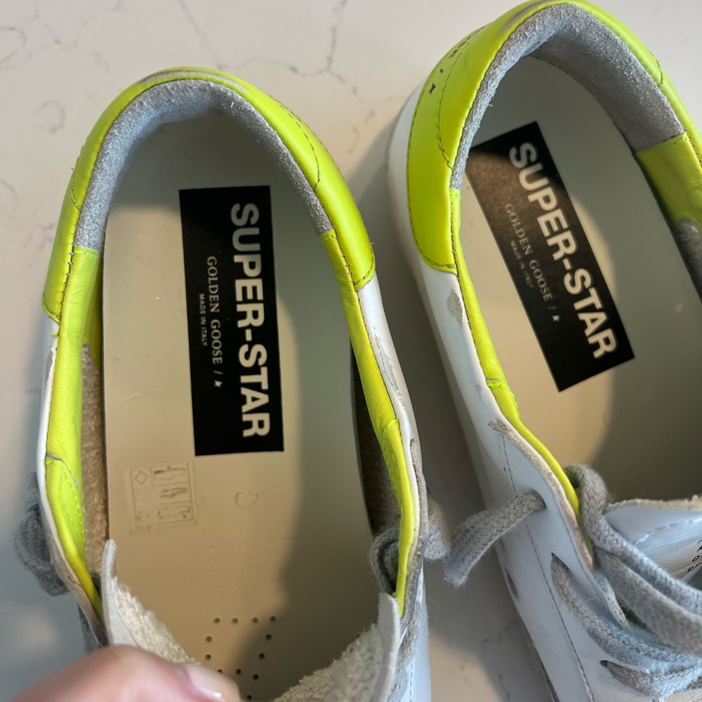 Golden Goose White Sneakers with Gray Star and Neon Yellow Heel - Picture 12 of 13